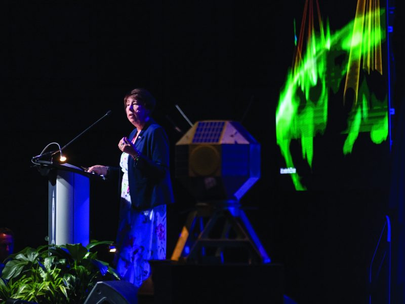 Nicola Fox, NASA associate administrator for science, delivers the keynote address at SmallSat 2025 Monday. Credit: Allison Bills / SmallSat