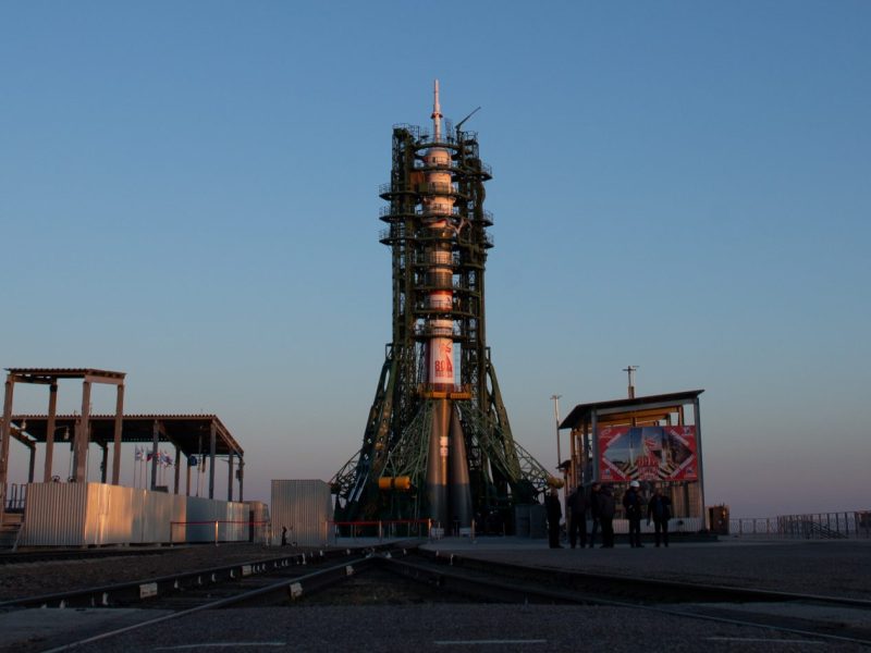A Soyuz rocket at the Baikonuir Cosmodrome in Kazakhstan being prepared for launch to the International Space Station/ Credit: NASA/Joel Kowsky