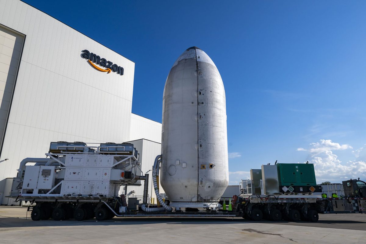Amazon Leo satellites leaving Amazon’s payload processing facility in August. With Blue Origin’s TeraWave announcement, industry insiders wonder if Amazon and Blue Origin could ultimately compete for launch spots, a notion Blue Origin dismisses. Credit: Amazon