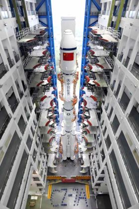 A Long March 7A inside the vertical integration building at Wenchang.