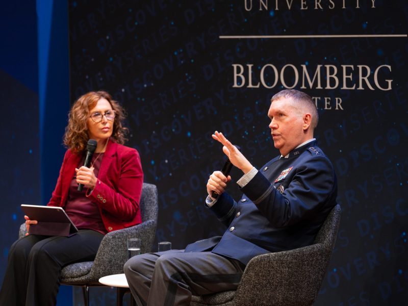 Gen. Shawn Bratton spoke with SpaceNews’ Sandra Erwin Jan. 21 at the Johns Hopkins University Bloomberg Center. Credit: Johns Hopkins University Bloomberg Center