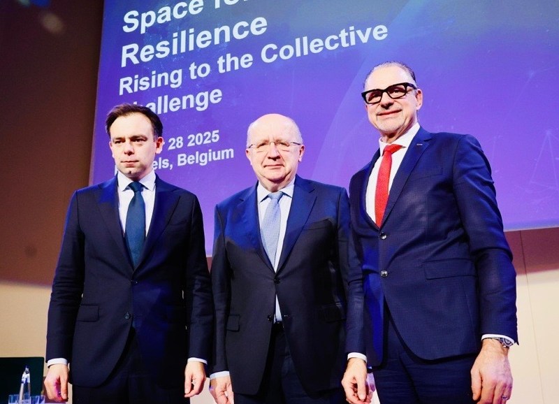 European Commissioner for Defence and Space Andrius Kubilius, Poland's Minister of Finance and Economy Andrzej Domański and ESA Director General Josef Aschbacher were opening speakers at the Space for European Resilience conference. Credit: ESA - J. Van de Vel