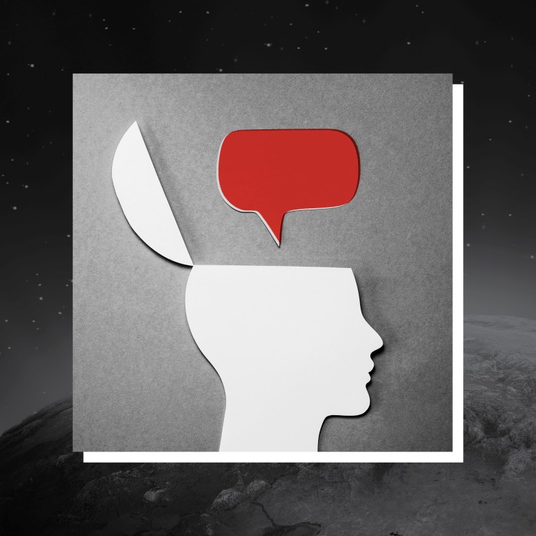 a graphic of a speech bubble coming out of a person's silhouetted head