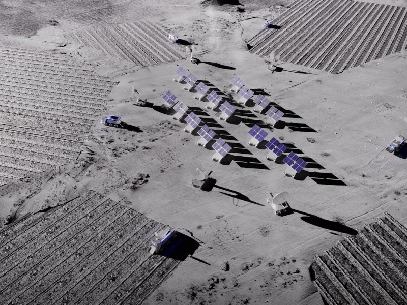 Artwork depicting lunar mining operations for Helium-3 involving harvesters, a solar power plant, rovers and return launchers. Credit: Interlune