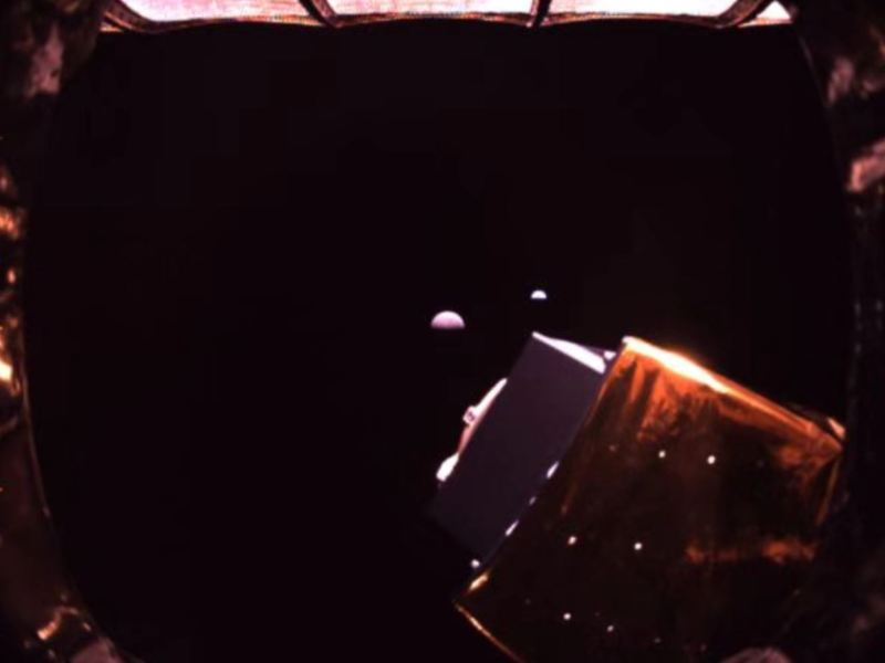 The moon and distant Earth seen from Earth-moon Lagrange point 2 by the Queqiao Chinese lunar relay satellite.