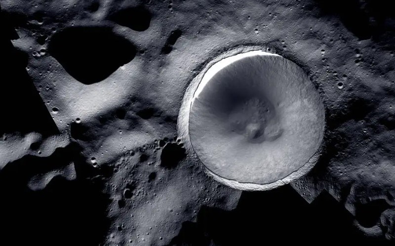 A mosaic of Shackleton Crater near the luanr south pole, showing the depths of the crater. The illuminated rim area will be targeted by China's Chang'e-7 mission.