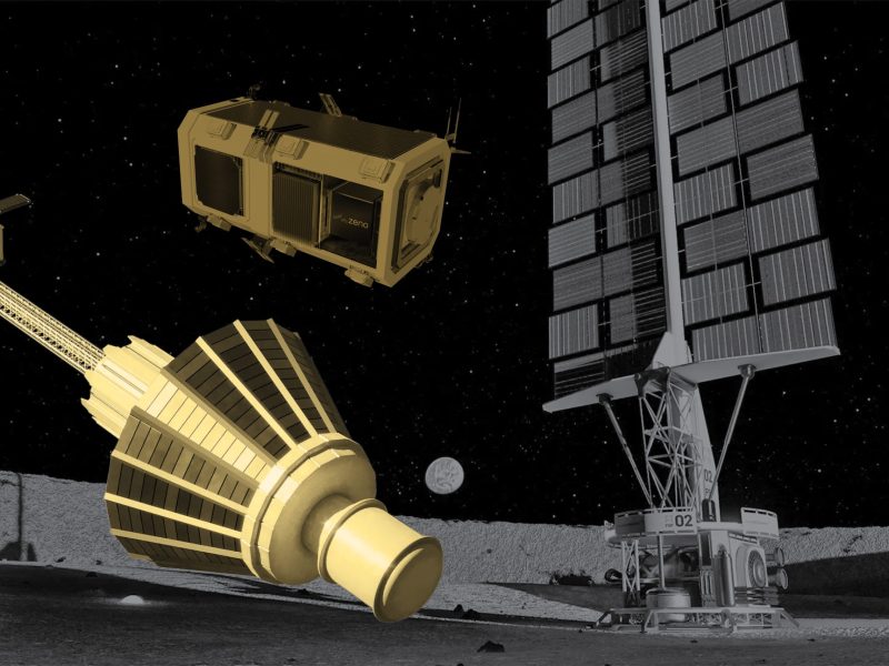 Concept art for Zeno Power’s radioisotope power system satellite, a spacecraft bearing a Antares Mark-0 reactor, and Lockheed Martin’s fission surface power system on the surface of the moon. Credit: Zeno Power/Antares/Lockheed Martin/SpaceNews Illustration